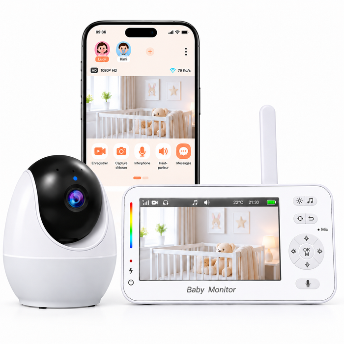 Caméra motorisée blanche du babyphone veilleuse et son écran parent 4,3 pouces