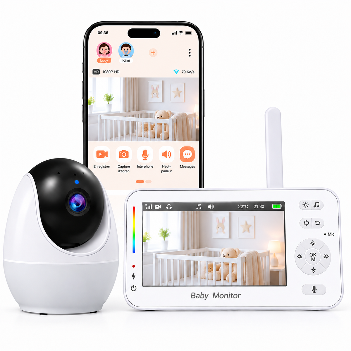 Caméra motorisée blanche du babyphone veilleuse et son écran parent 4,3 pouces