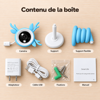 Contenu du colis : caméra, support, bras flexible, adaptateur, câble USB, fixations et manuel