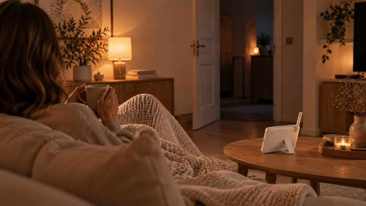 Parent détendu dans son salon le soir, l’écran du babyphone posé sur la table basse